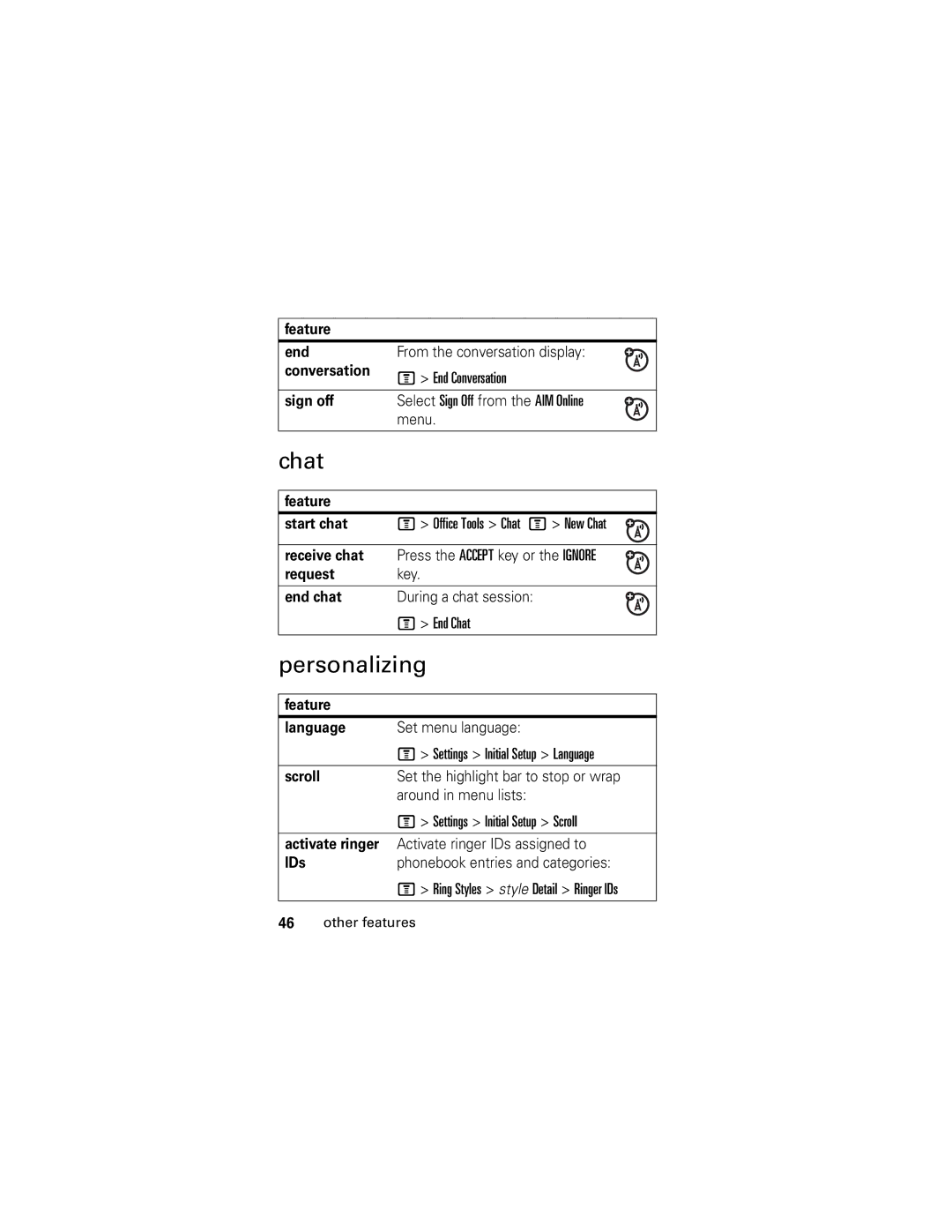 Motorola V186 manual Chat, Personalizing 