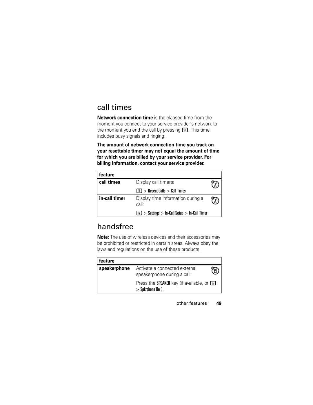 Motorola V186 manual Call times, Handsfree 