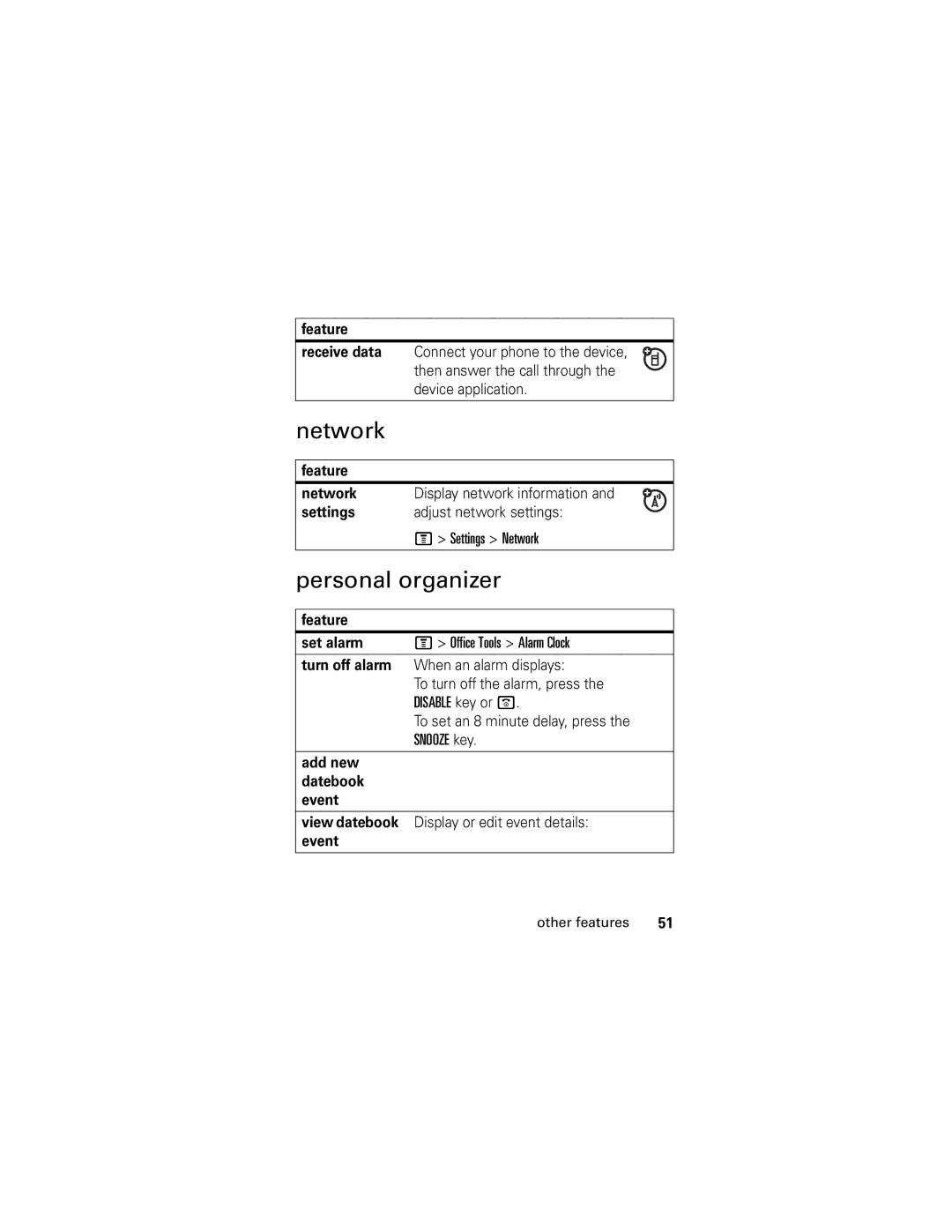 Motorola V186 manual Personal organizer, Feature Network, Settings Adjust network settings Settings Network 