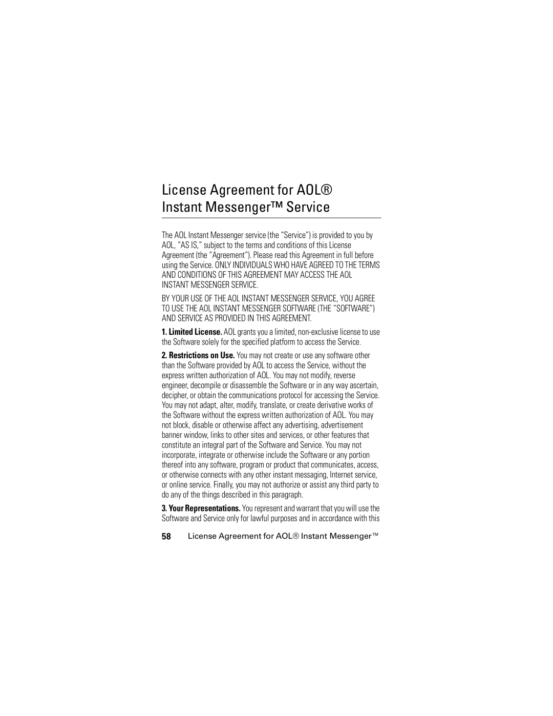 Motorola V186 manual License Agreement for AOL Instant Messenger Service 