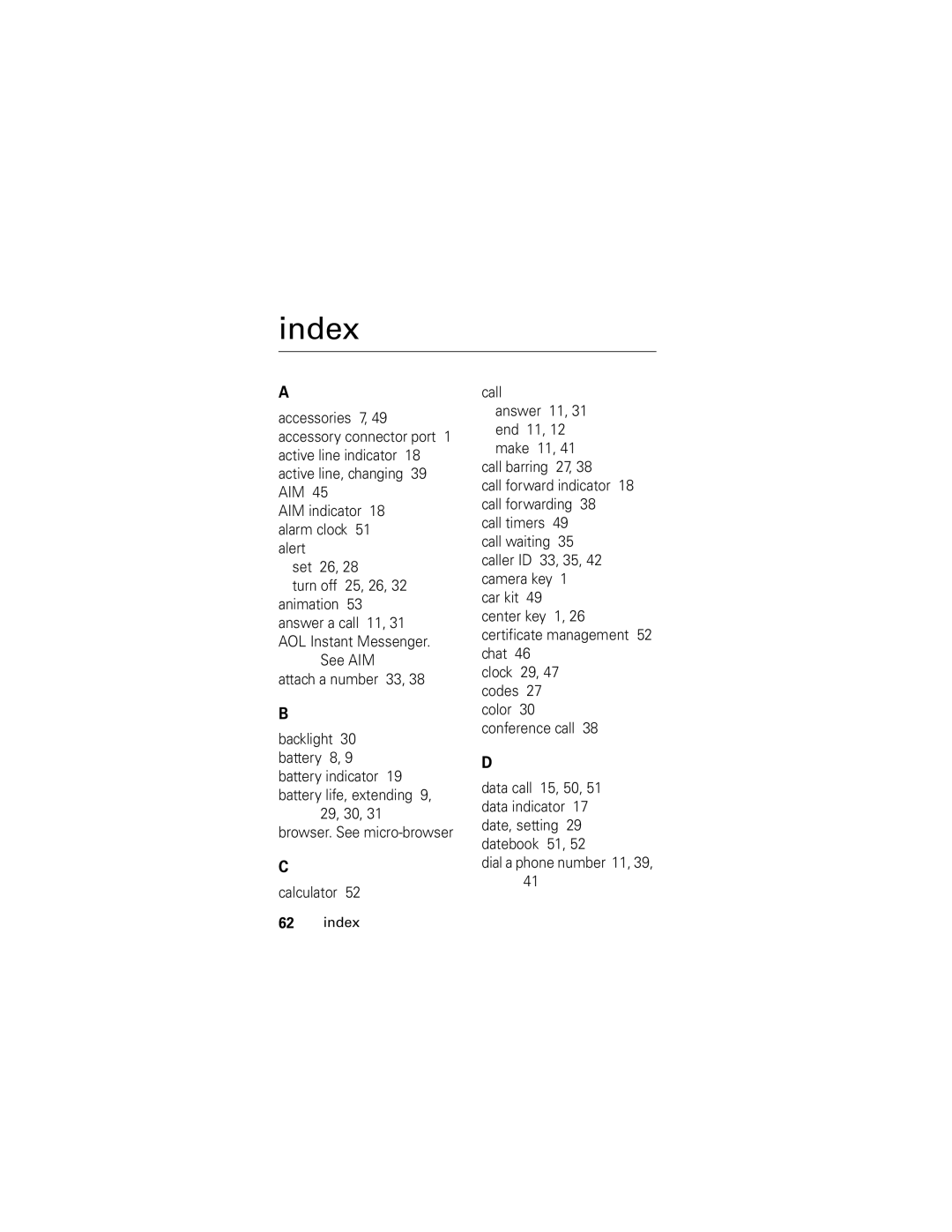 Motorola V186 manual Index 