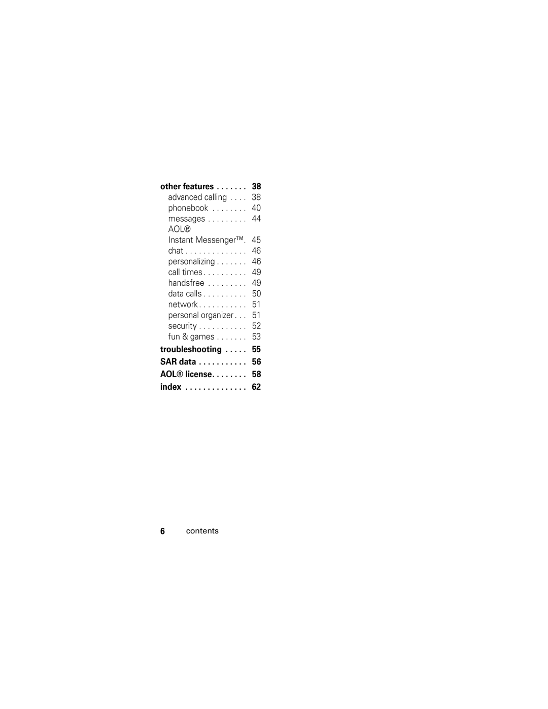 Motorola V186 manual Troubleshooting SAR data AOL license index 