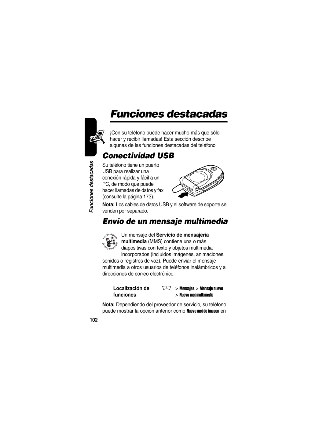 Motorola V188 manual Funciones destacadas, Conectividad USB, Envío de un mensaje multimedia 