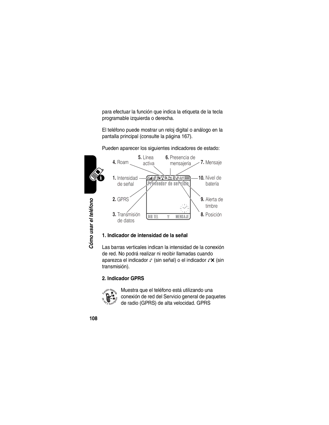 Motorola V188 manual Indicador de intensidad de la señal, Indicador Gprs, 108 