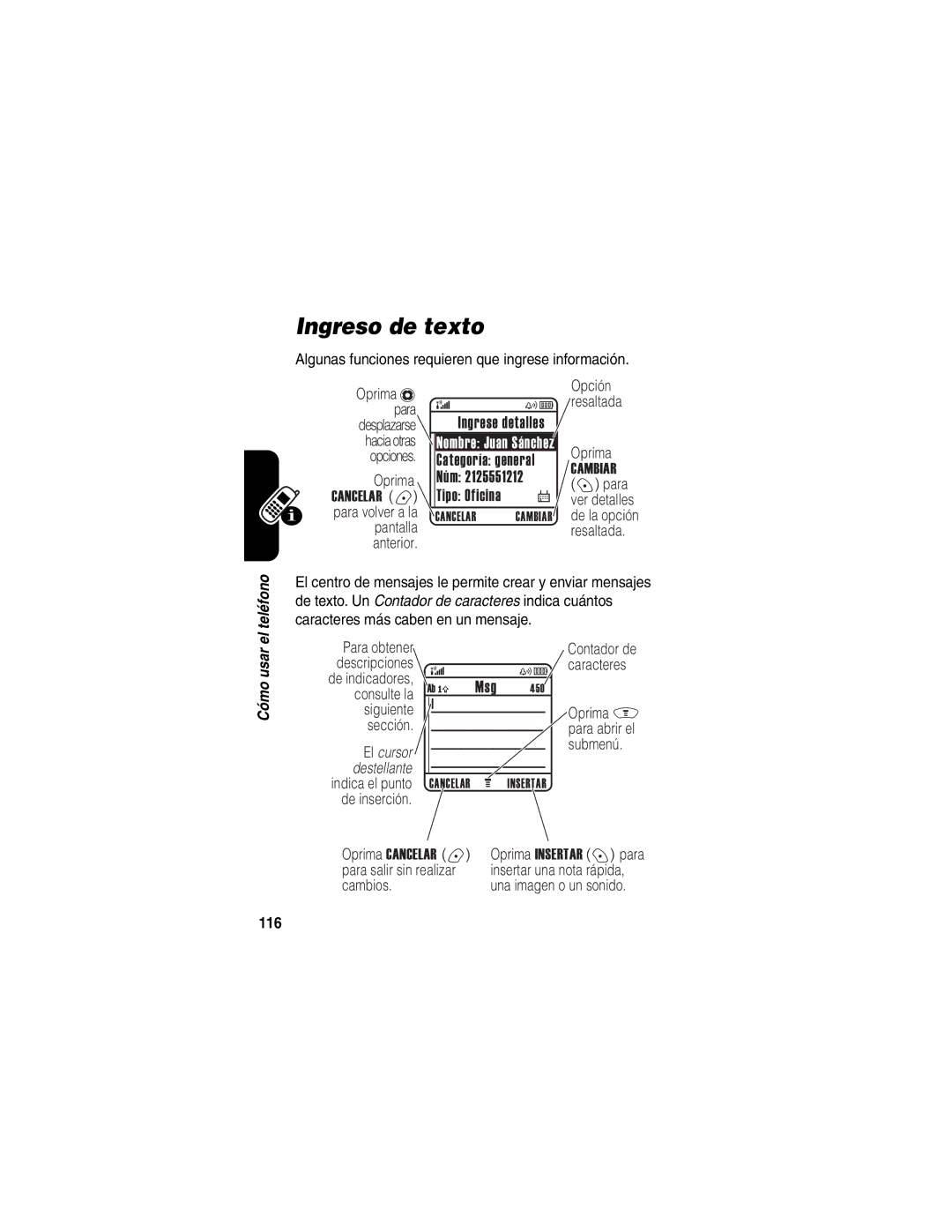 Motorola V188 manual Ingreso de texto, 116 