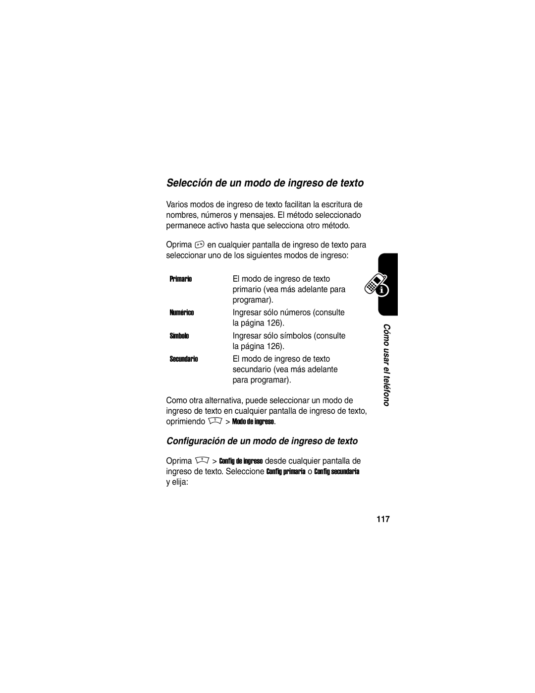 Motorola V188 manual Selección de un modo de ingreso de texto, Configuración de un modo de ingreso de texto, 117 