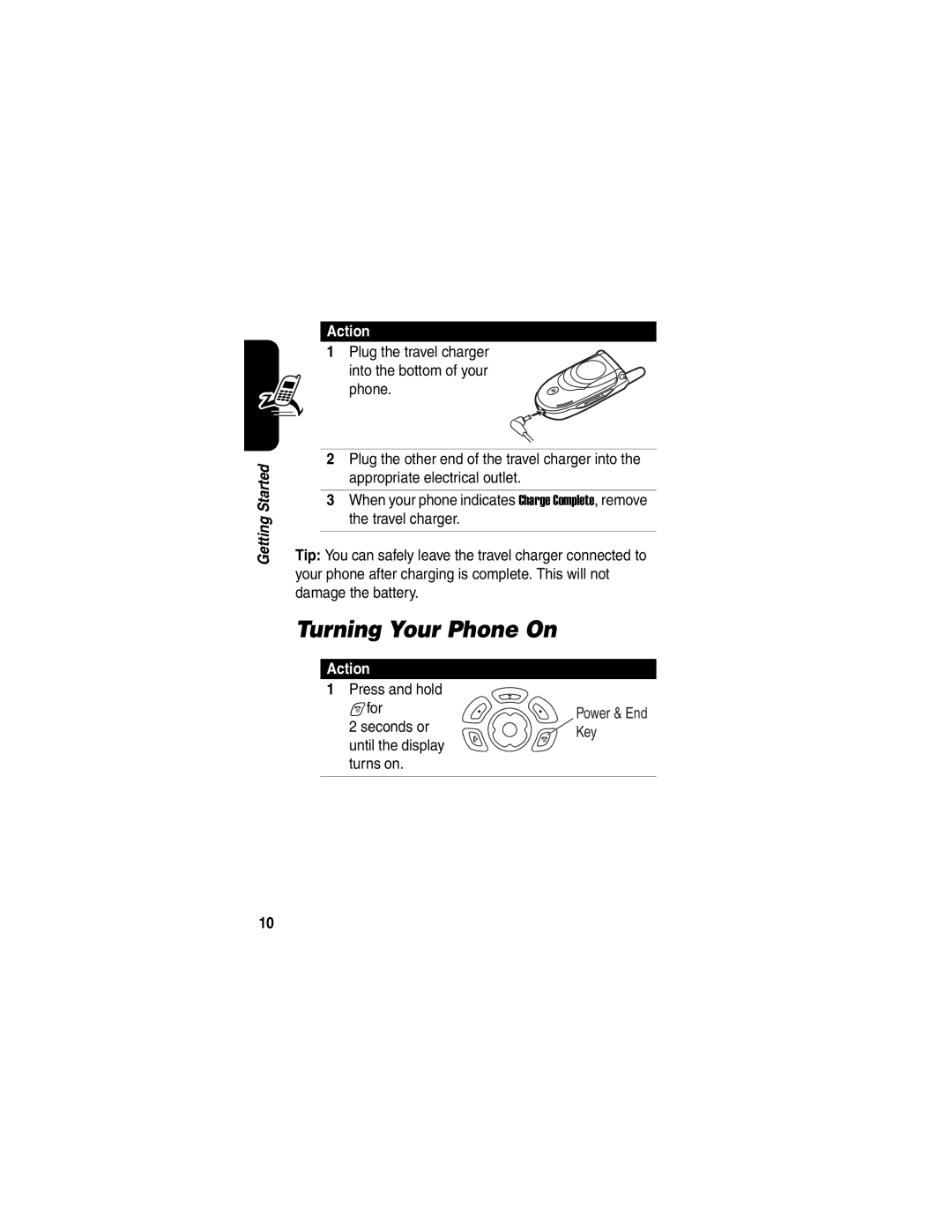 Motorola V188 manual Turning Your Phone On, Action 