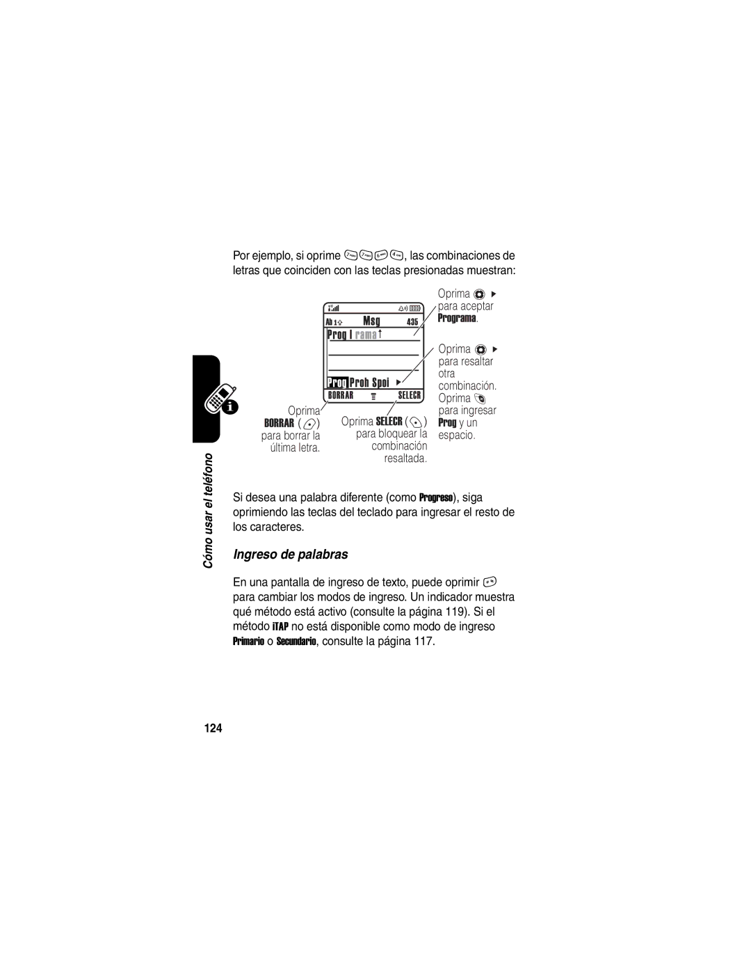 Motorola V188 manual Ingreso de palabras, 124, Otra, Oprima Oprima Selecr +, Combinación 