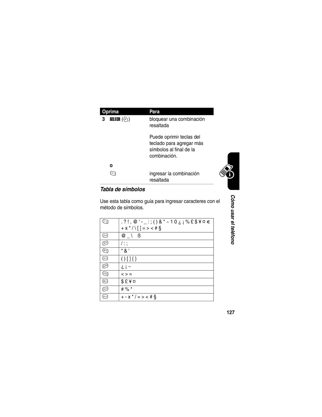 Motorola V188 manual Tabla de símbolos, Símbolos al final de la, Ingresar la combinación, 127 