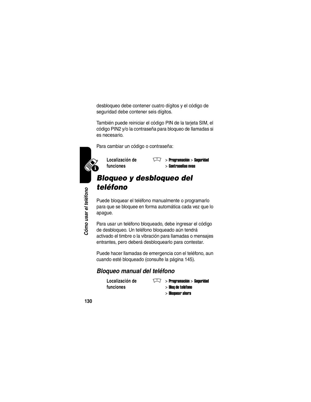 Motorola V188 Bloqueo y desbloqueo del teléfono, Bloqueo manual del teléfono, 130 