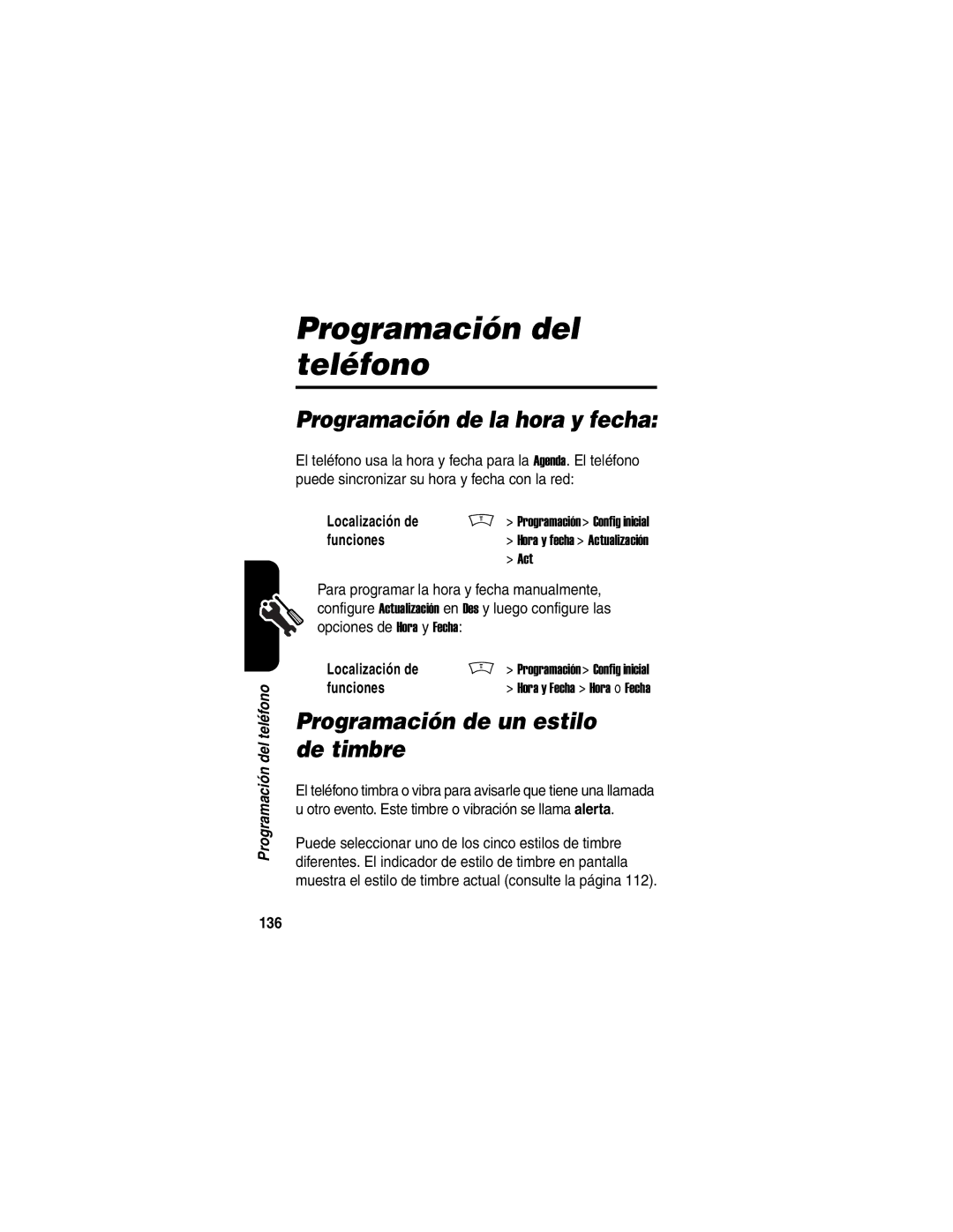 Motorola V188 manual Programación del teléfono, Programación de la hora y fecha, Programación de un estilo de timbre 