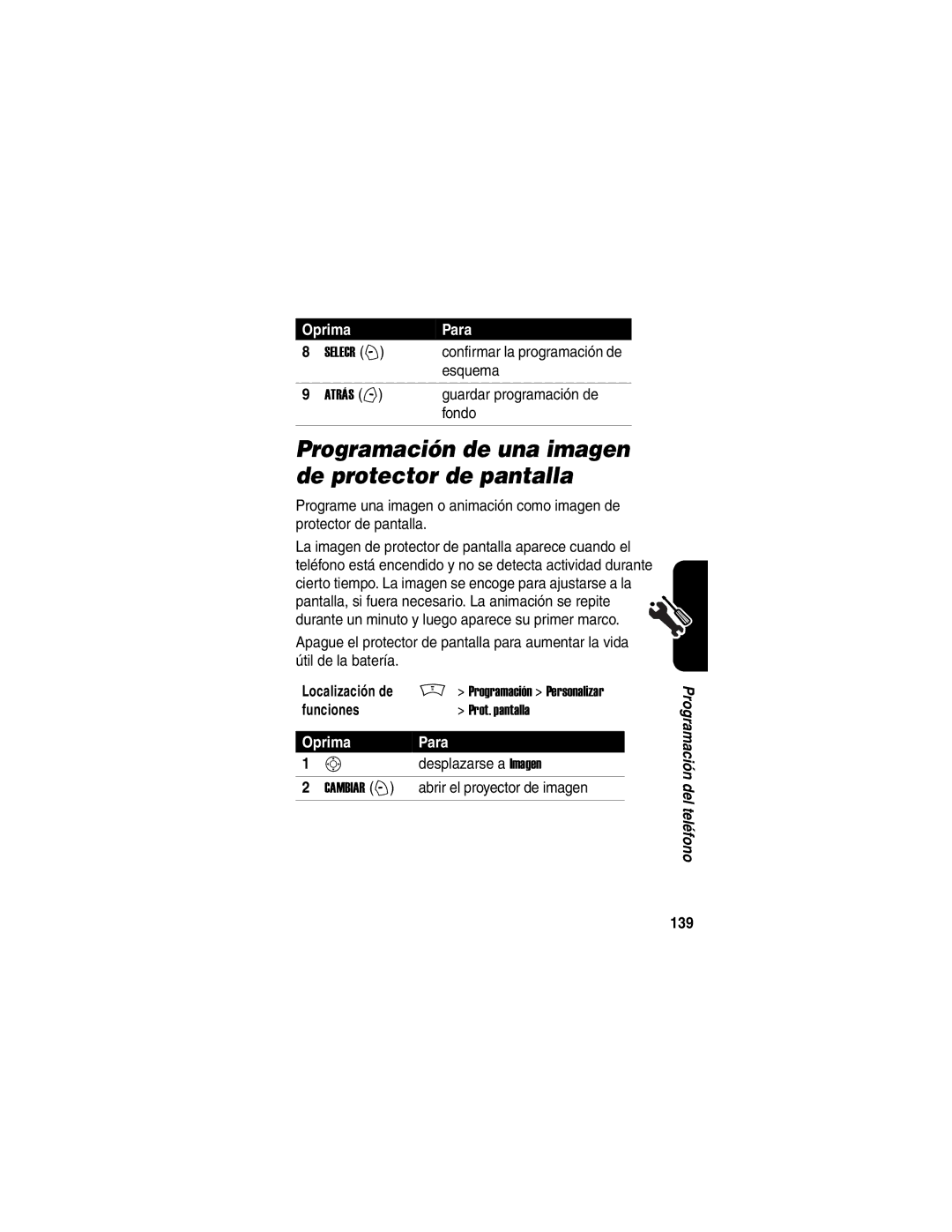 Motorola V188 manual Programación de una imagen de protector de pantalla, Esquema, Guardar programación de, 139 