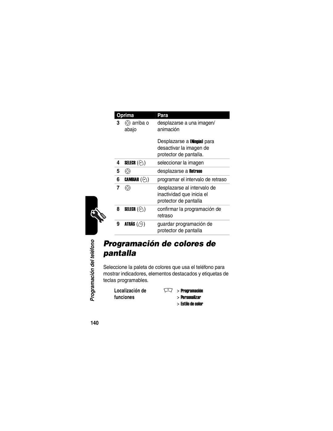 Motorola V188 manual Programación de colores de pantalla, 140 