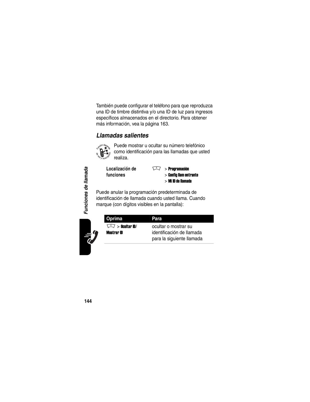 Motorola V188 manual Llamadas salientes, 144, Ocultar o mostrar su, Identificación de llamada, Para la siguiente llamada 