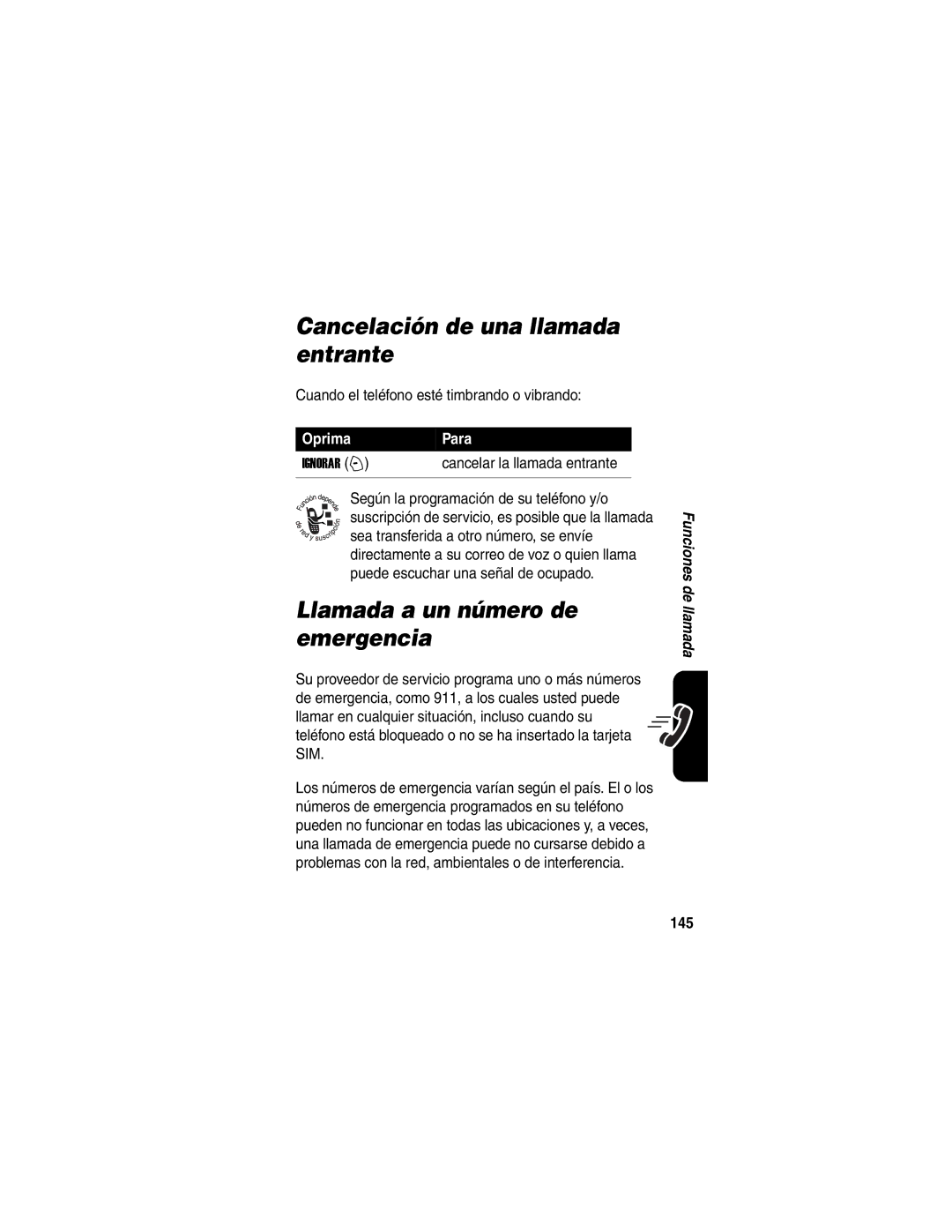 Motorola V188 manual Cancelación de una llamada entrante, Llamada a un número de emergencia, 145 