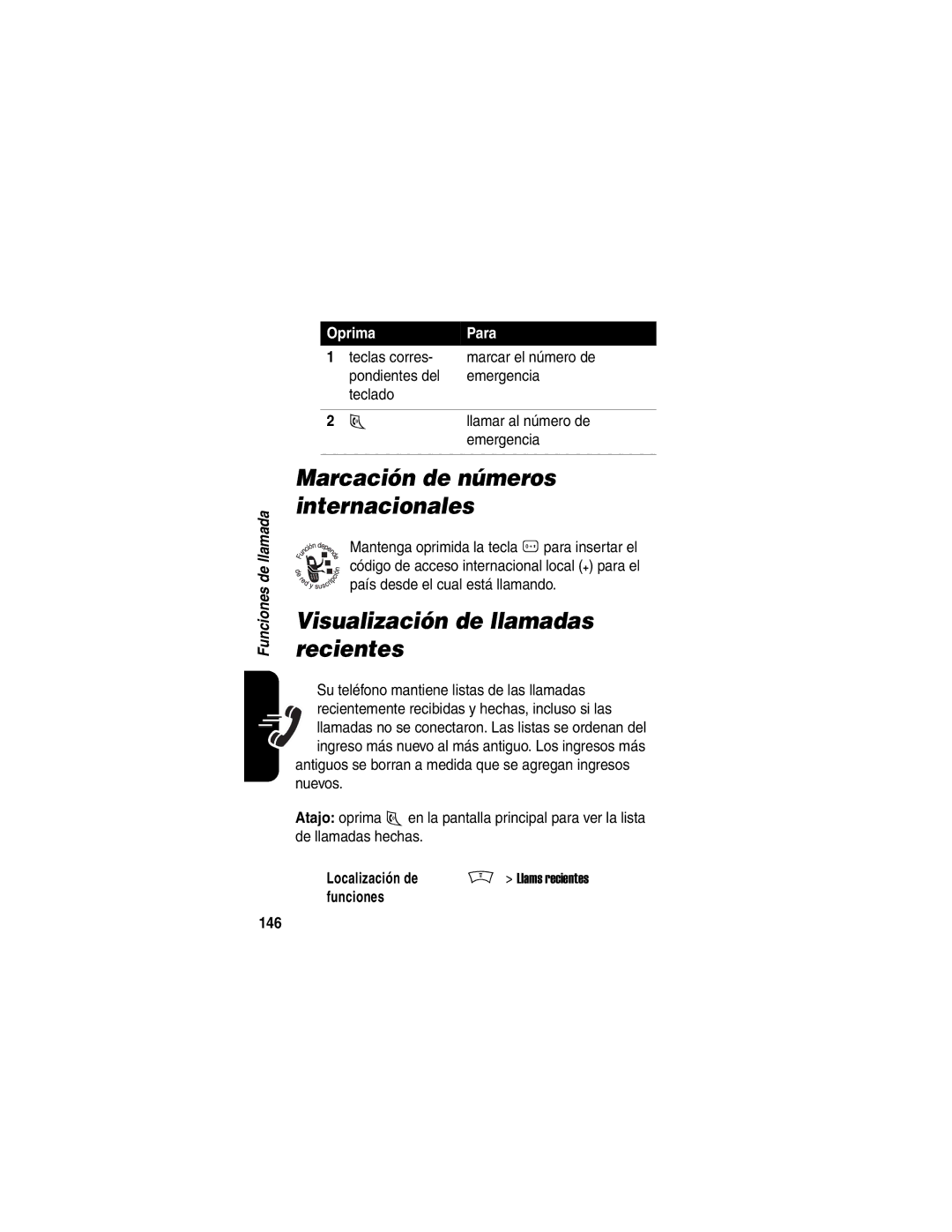 Motorola V188 manual Marcación de números internacionales, Visualización de llamadas recientes, Funciones 146 