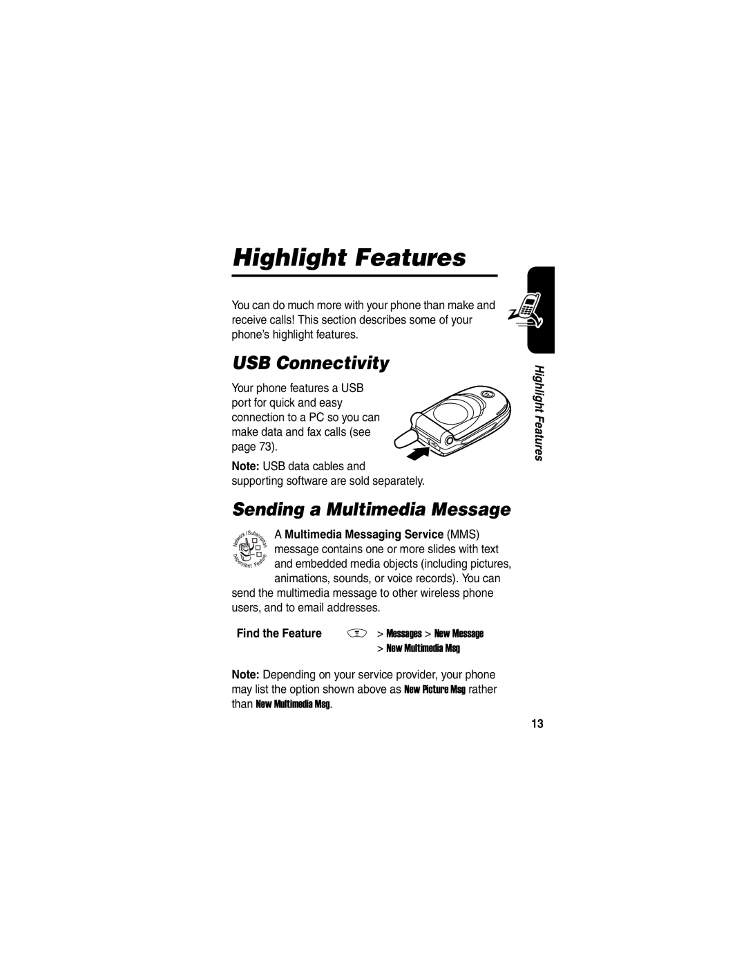 Motorola V188 manual Highlight Features, USB Connectivity, Sending a Multimedia Message, Multimedia Messaging Service MMS 