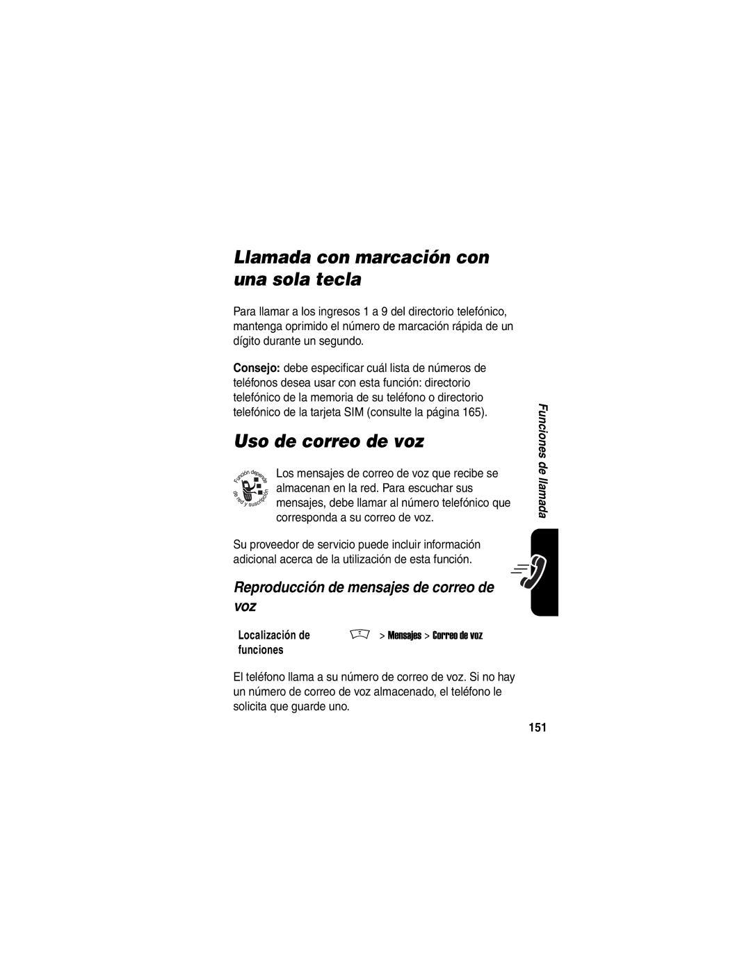 Motorola V188 Llamada con marcación con una sola tecla, Uso de correo de voz, Reproducción de mensajes de correo de voz 