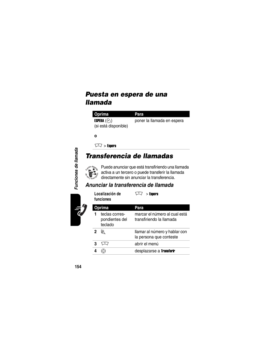 Motorola V188 manual Puesta en espera de una llamada, Transferencia de llamadas, Anunciar la transferencia de llamada, 154 