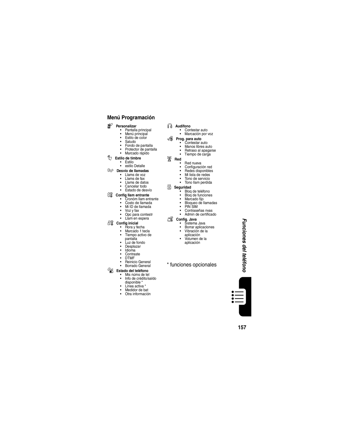 Motorola V188 manual Menú Programación, 157 