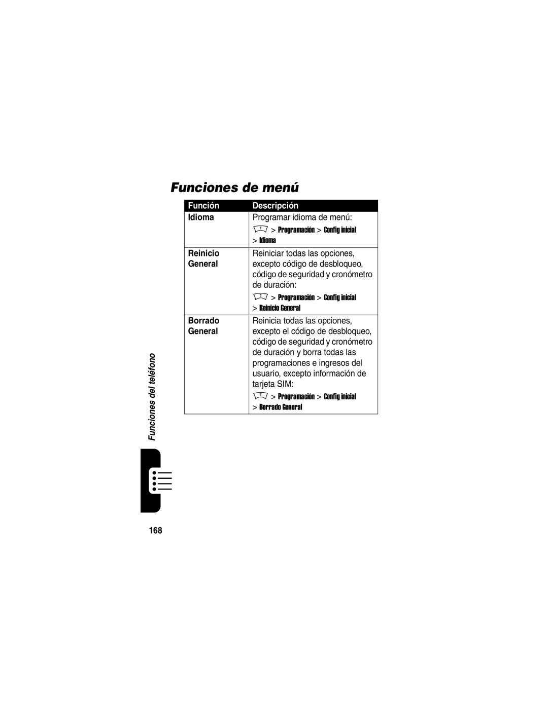 Motorola V188 manual Funciones de menú 