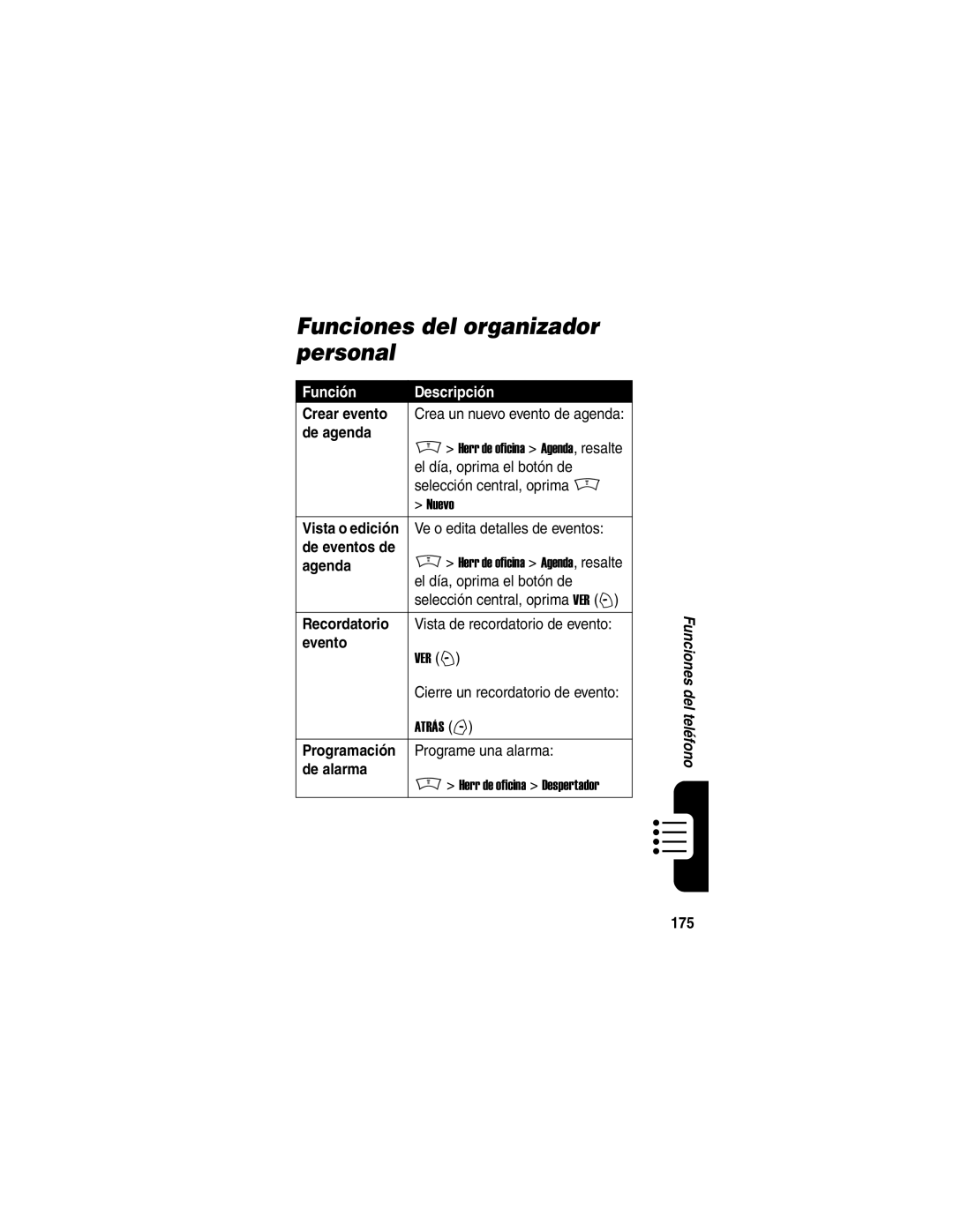 Motorola V188 manual Funciones del organizador personal 