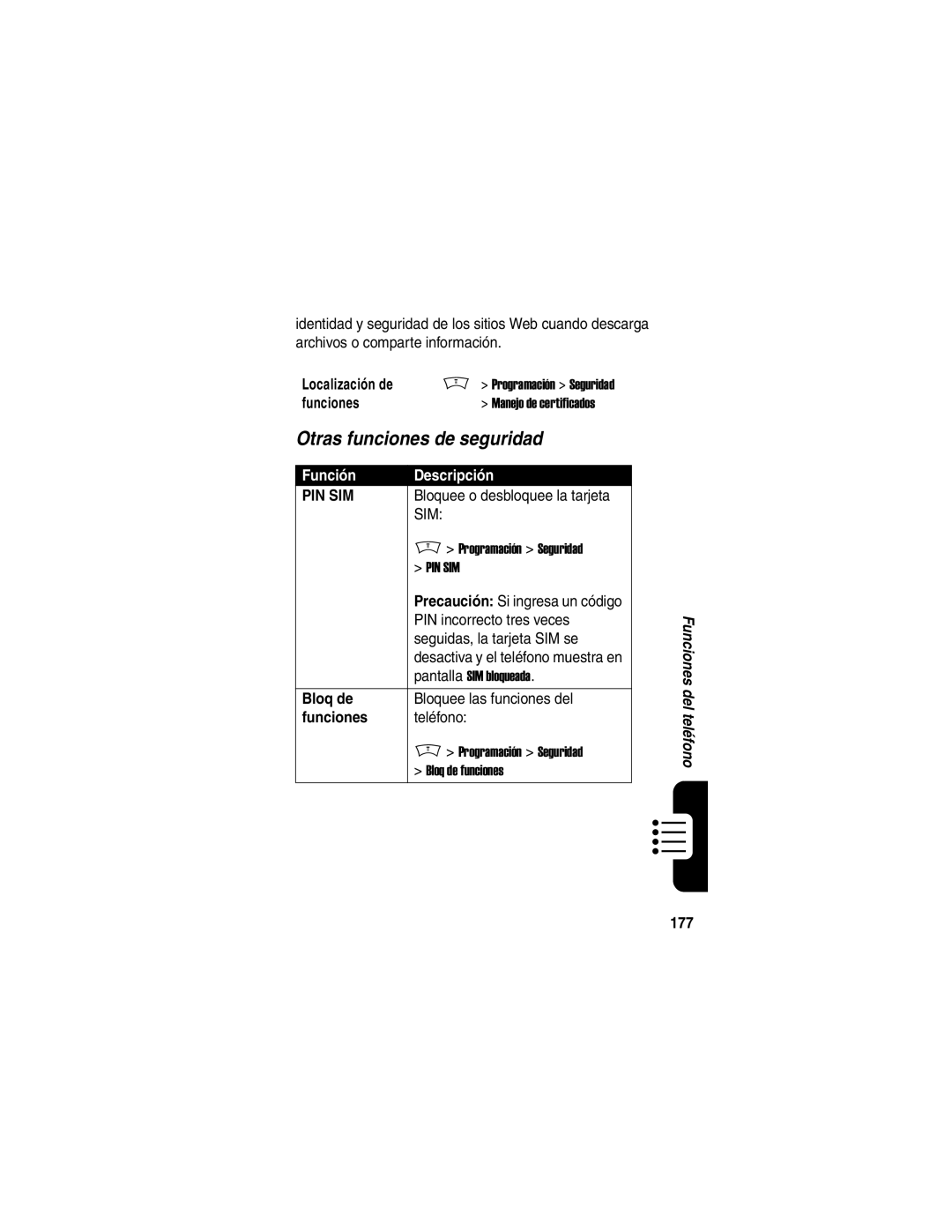 Motorola V188 manual Otras funciones de seguridad, Bloq de, 177 