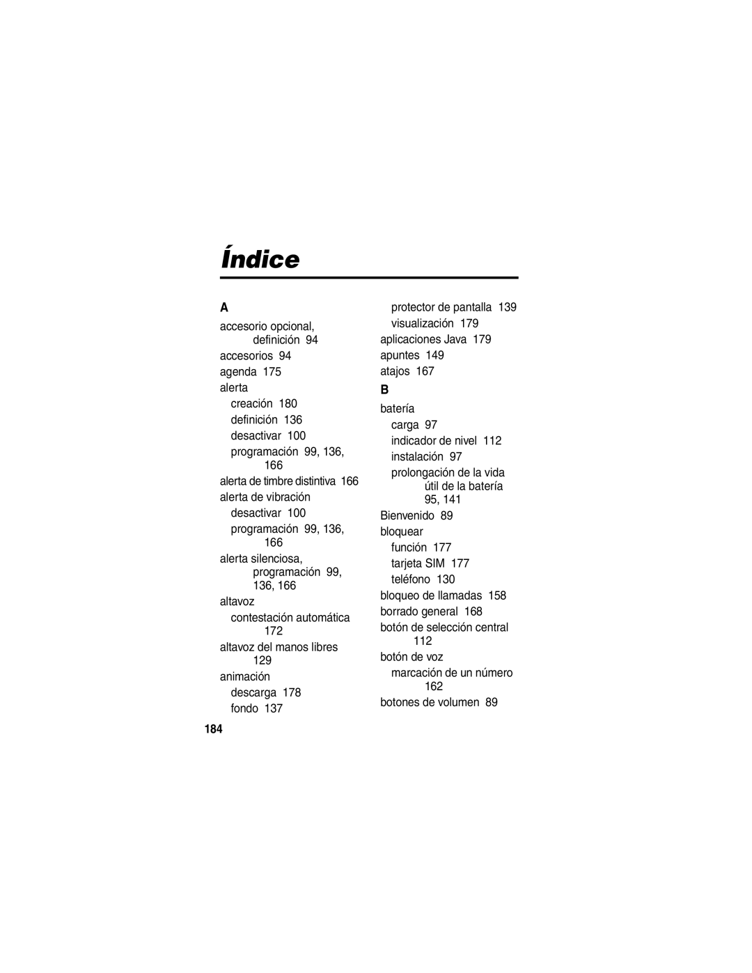 Motorola V188 manual Índice, 184 