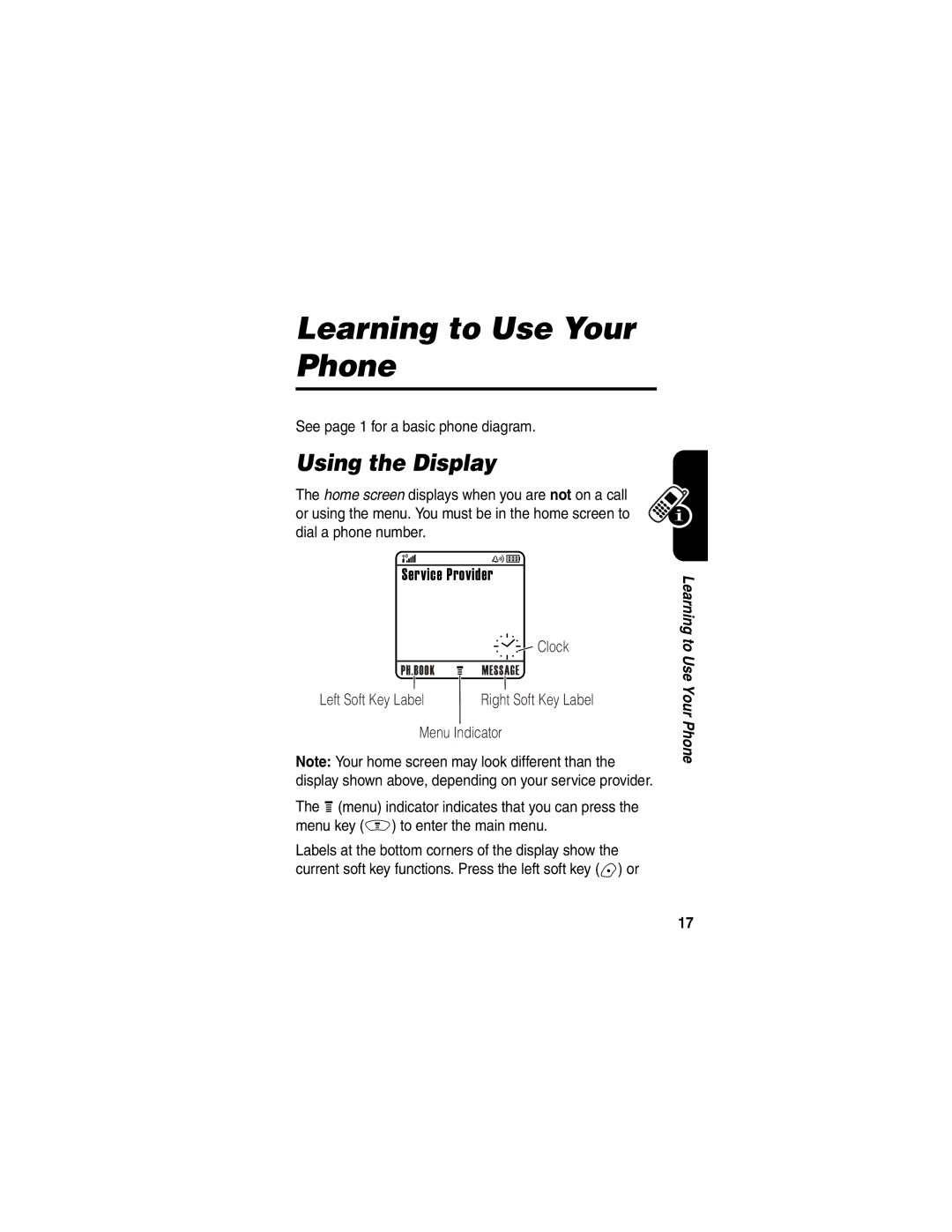 Motorola V188 manual Learning to Use Your Phone, Using the Display, See page 1 for a basic phone diagram 