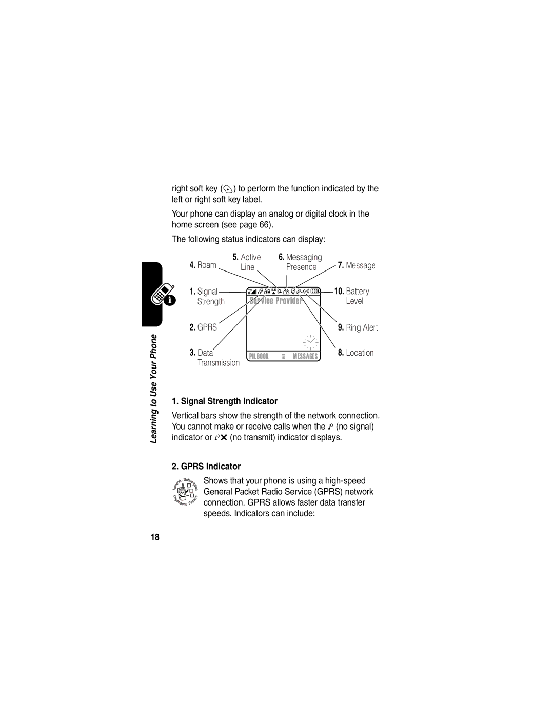 Motorola V188 manual Signal Strength Indicator, Gprs Indicator 