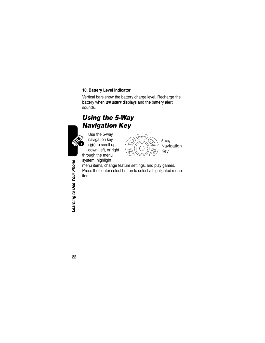 Motorola V188 manual Using the 5-Way Navigation Key, Battery Level Indicator 