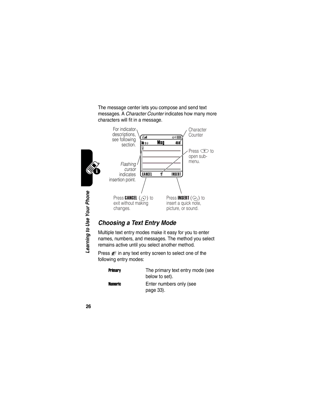 Motorola V188 manual Choosing a Text Entry Mode 