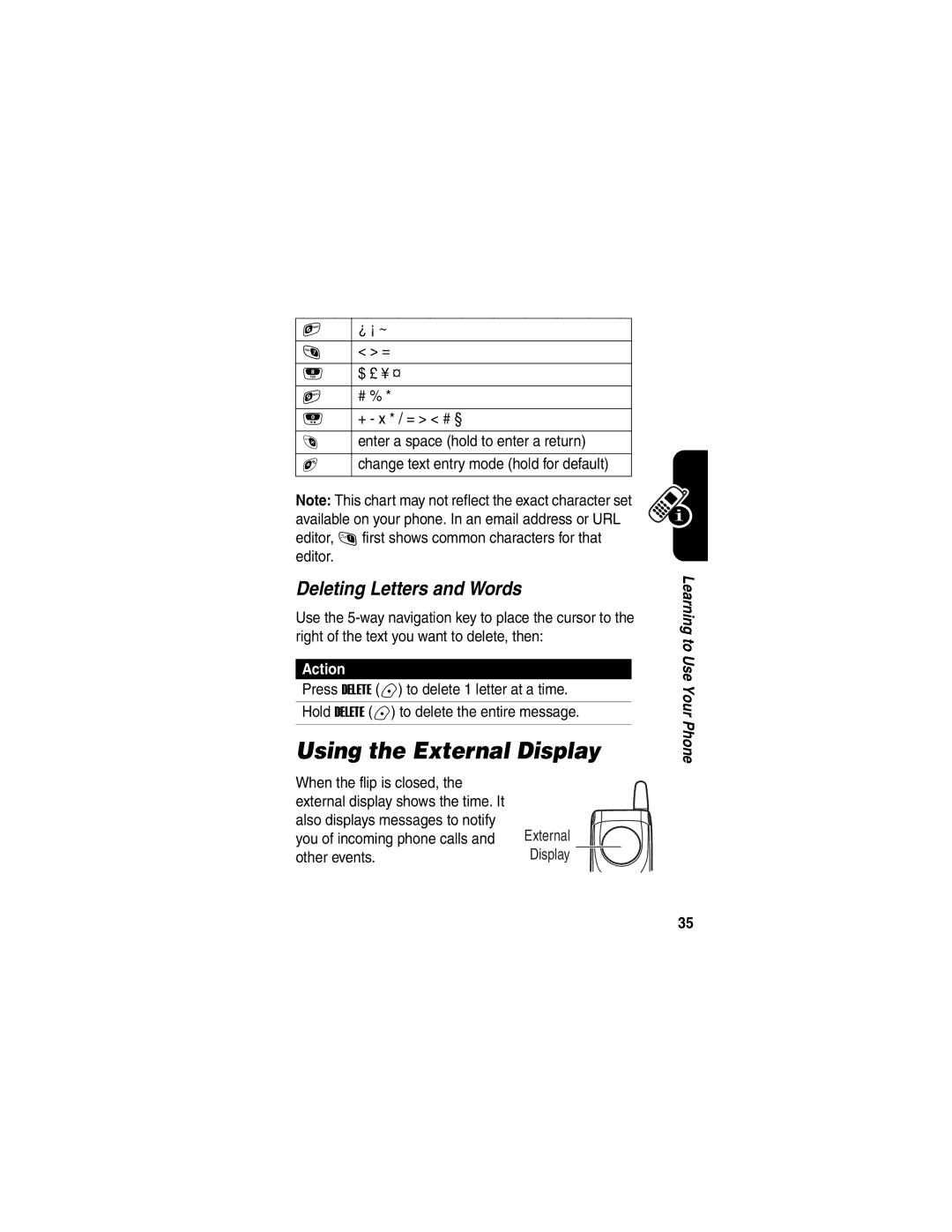 Motorola V188 manual Using the External Display, Deleting Letters and Words 