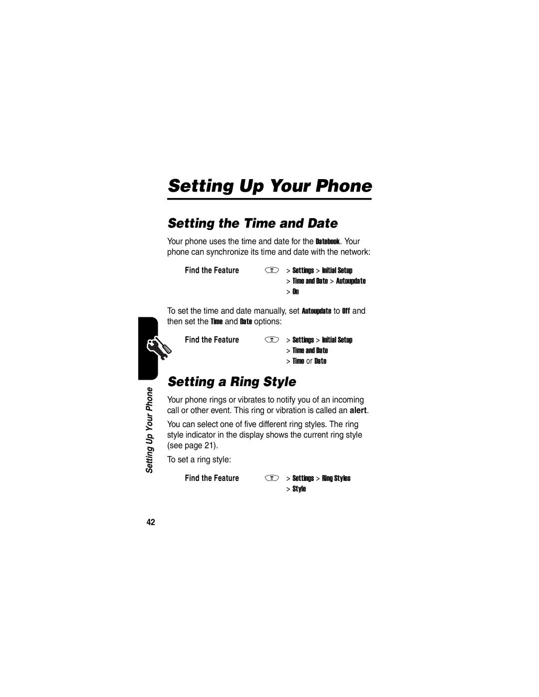 Motorola V188 manual Setting Up Your Phone, Setting the Time and Date, Setting a Ring Style 