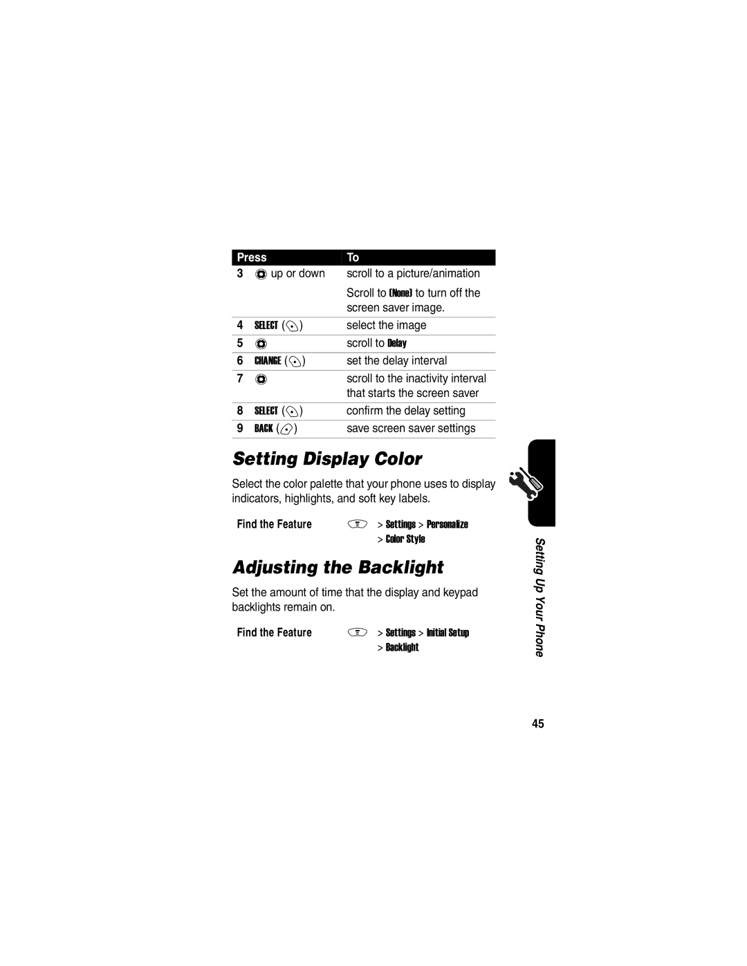 Motorola V188 manual Setting Display Color, Adjusting the Backlight 