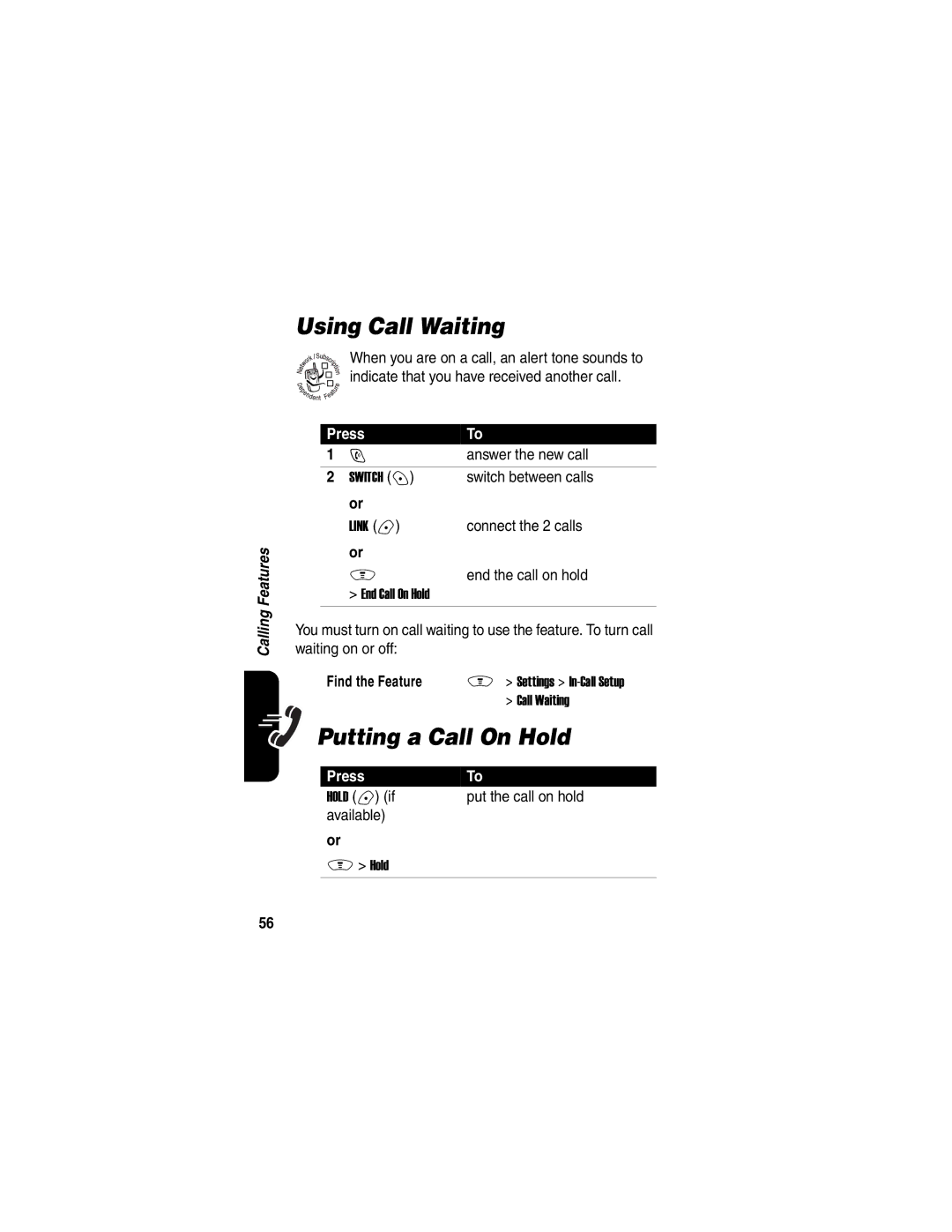 Motorola V188 manual Using Call Waiting, Putting a Call On Hold 