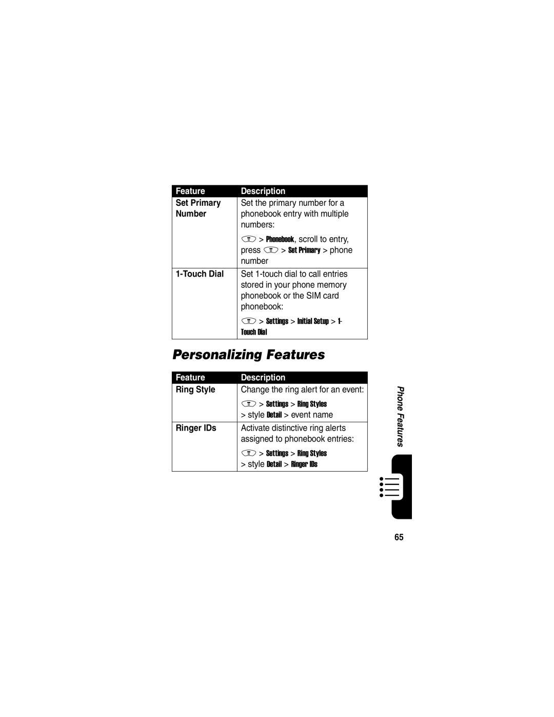 Motorola V188 manual Personalizing Features, Set Primary, Touch Dial, Ring Style, Ringer IDs 