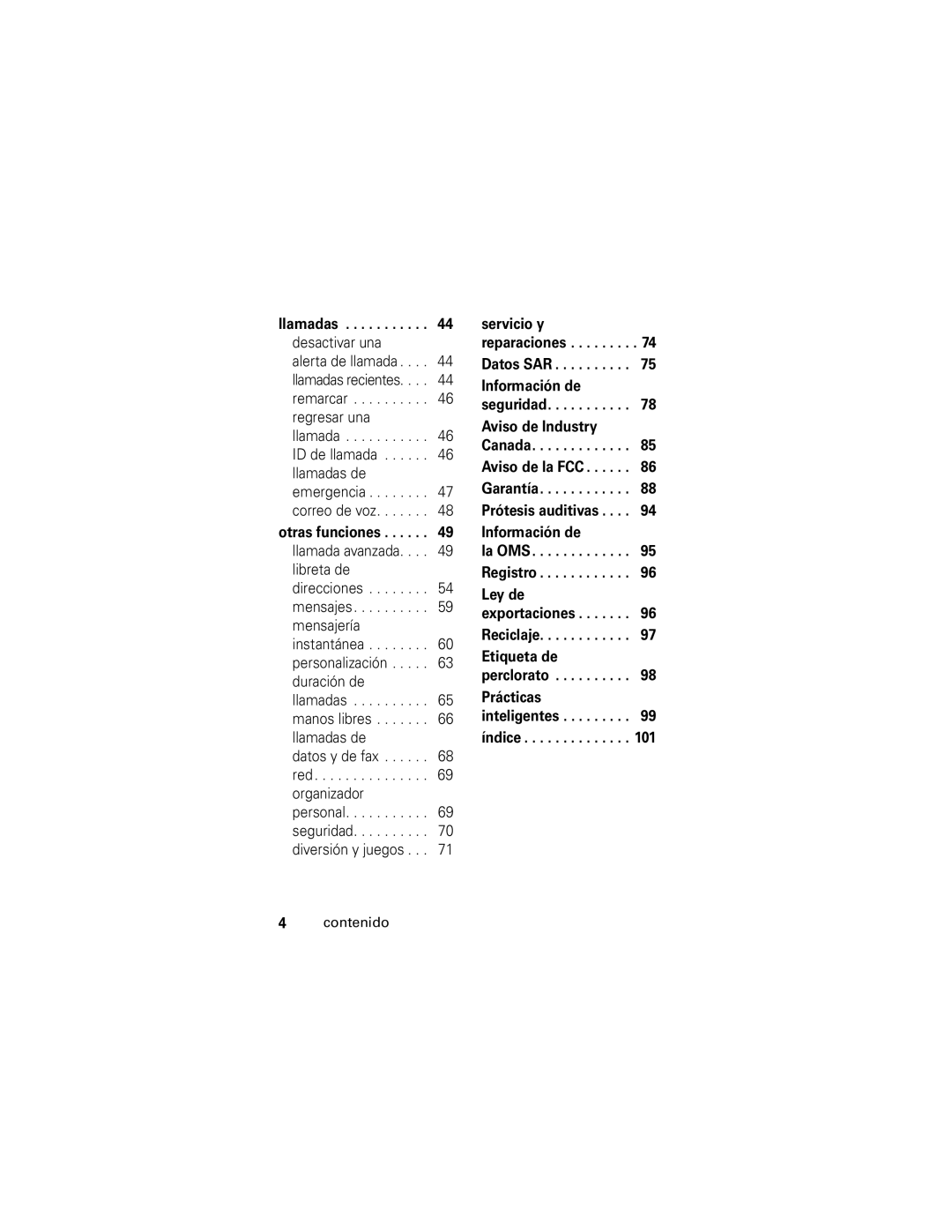 Motorola V190 manual Llamadas desactivar una, Servicio y, Perclorato Prácticas 