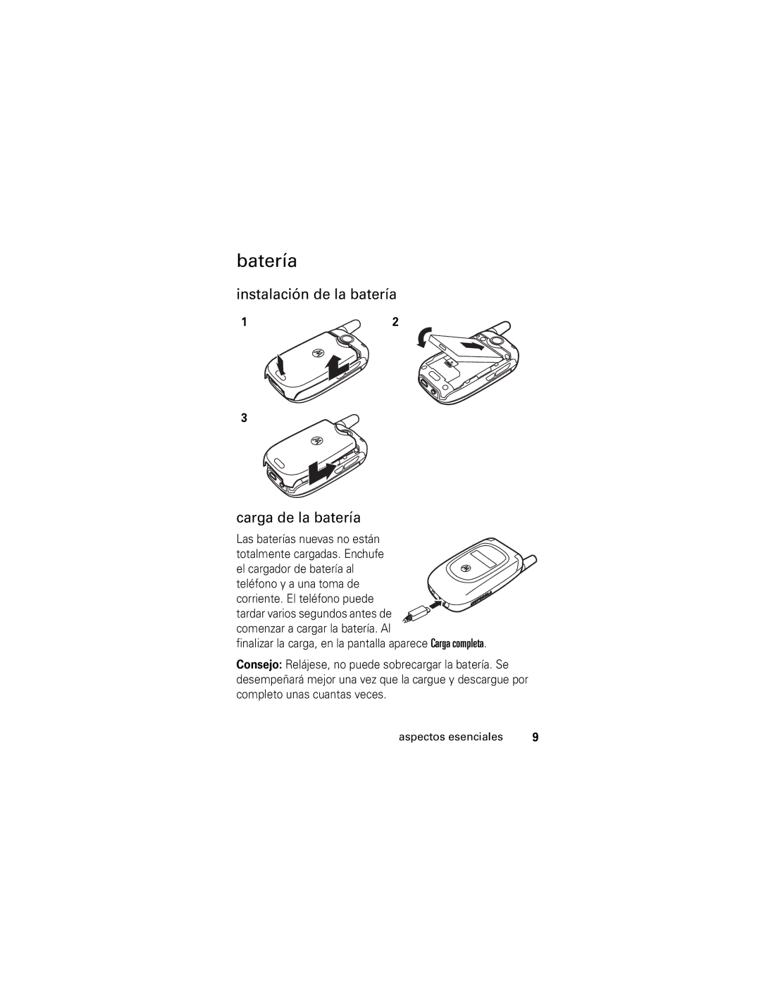 Motorola V190 manual Batería, Instalación de la batería Carga de la batería 