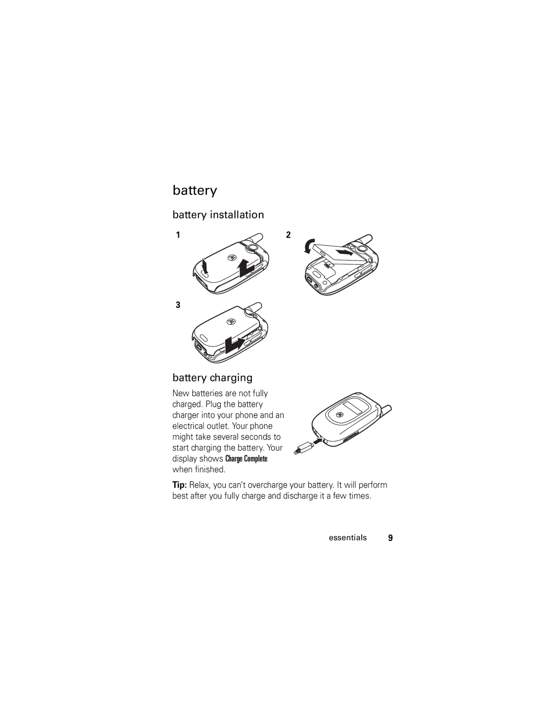 Motorola V190 manual Battery installation Battery charging 