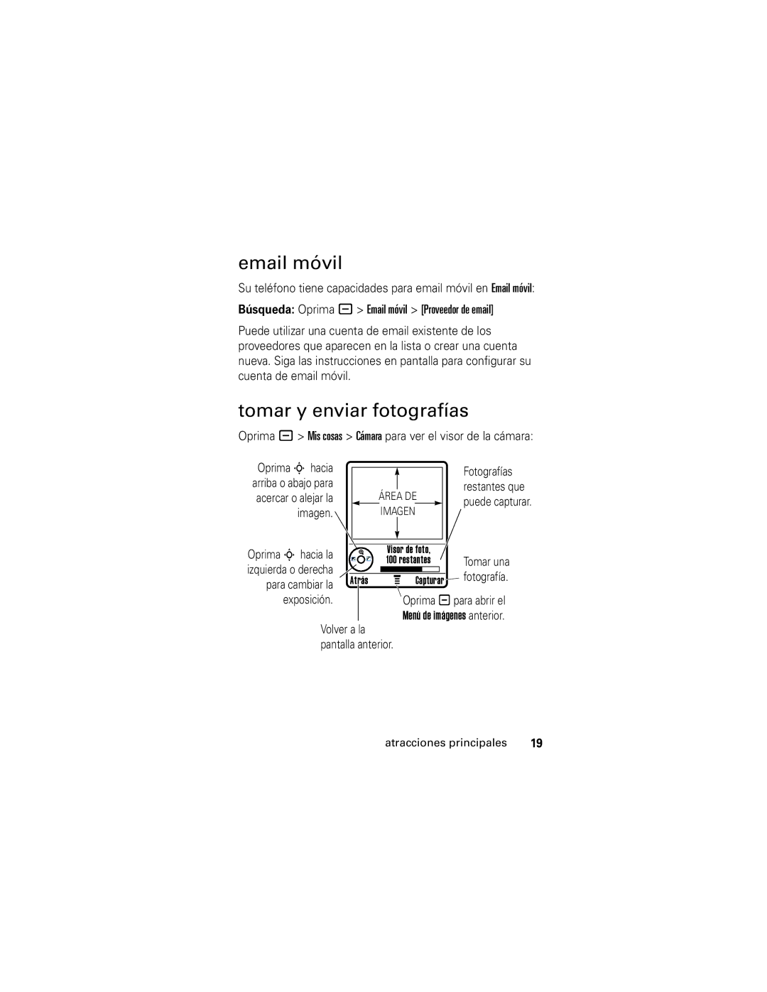 Motorola V190 manual Email móvil, Tomar y enviar fotografías, Para cambiar la, Exposición, Volver a la Pantalla anterior 