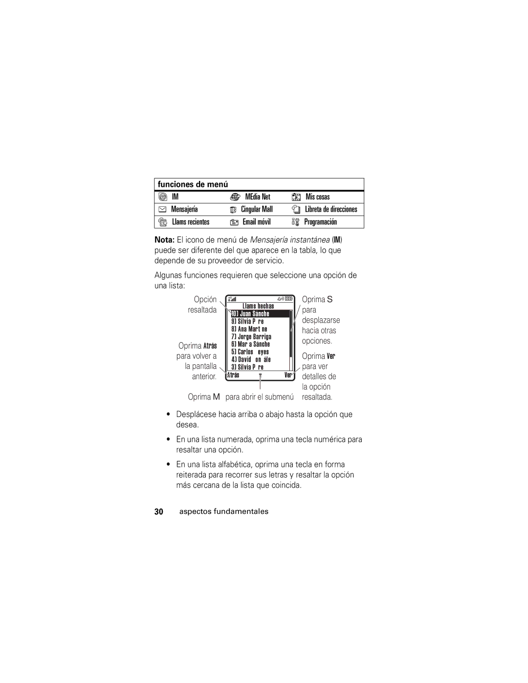 Motorola V190 manual Funciones de menú, MEdia Net Mis cosas Mensajería, Llams recientes, Programación 