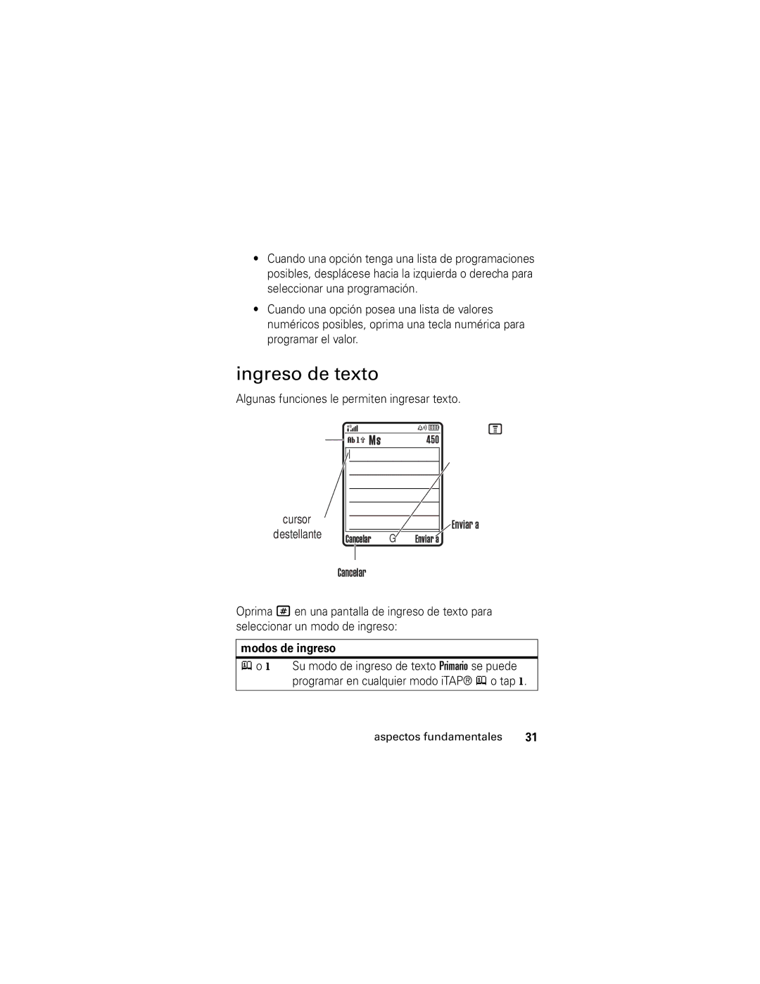 Motorola V190 manual Ingreso de texto, Algunas funciones le permiten ingresar texto, Modos de ingreso 