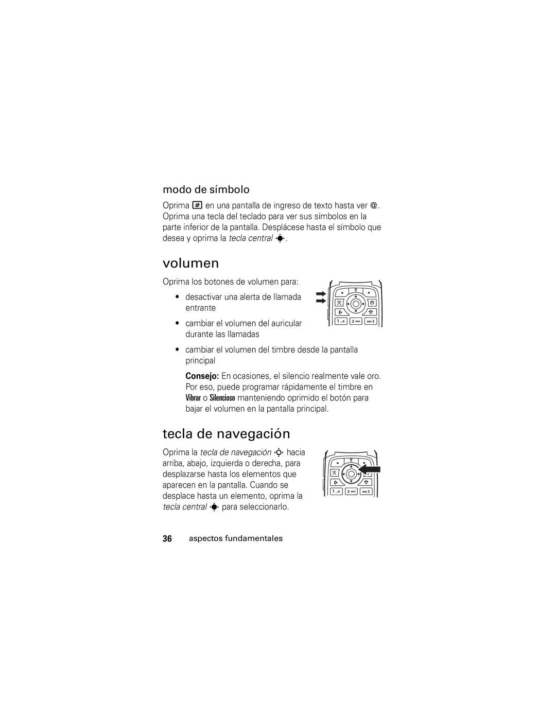 Motorola V190 manual Volumen, Tecla de navegación, Modo de símbolo 