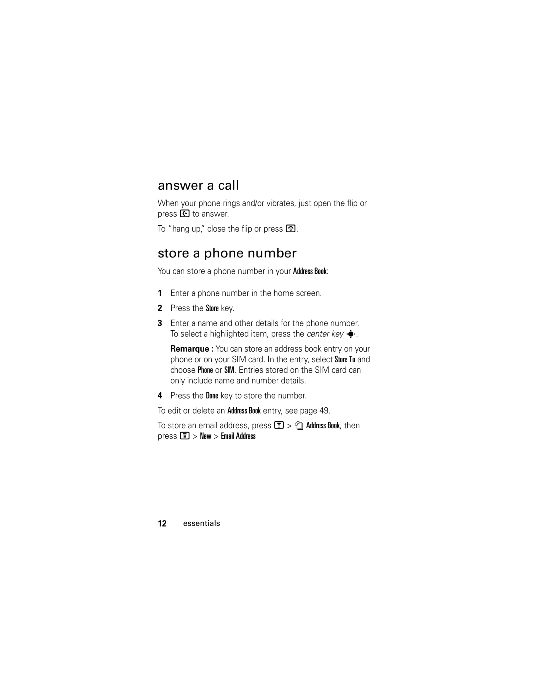 Motorola V190 manual Answer a call, Store a phone number 