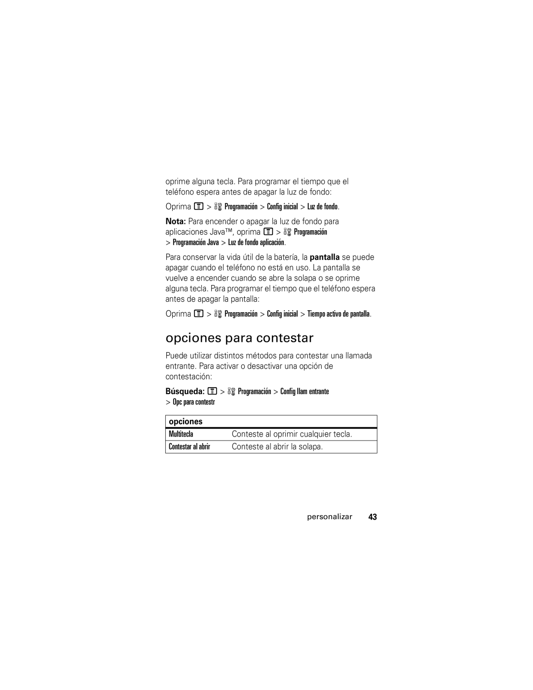 Motorola V190 manual Opciones para contestar, Oprima M w Programación Config inicial Luz de fondo, Multitecla 