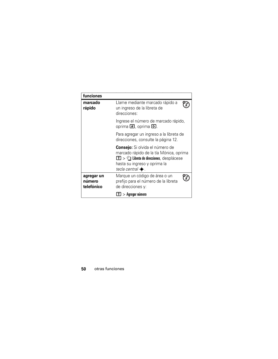 Motorola V190 manual Funciones Marcado, Rápido, Agregar un, Número, Telefónico 
