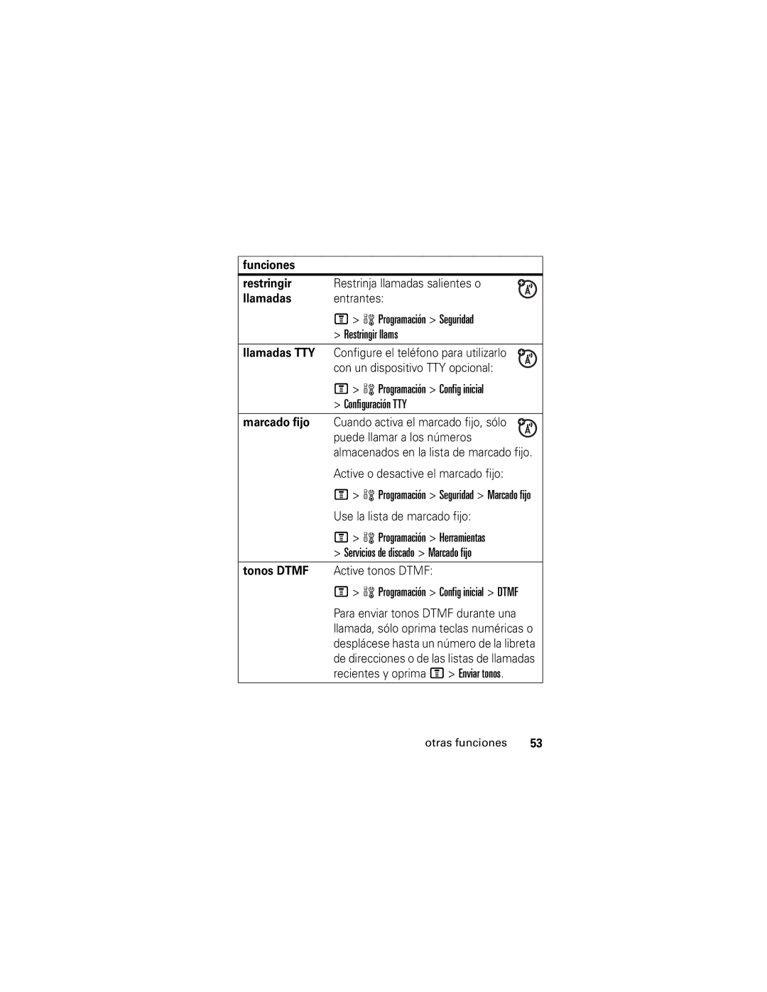 Motorola V190 manual Funciones Restringir, Llamadas Entrantes, Programación Seguridad Restringir llams 