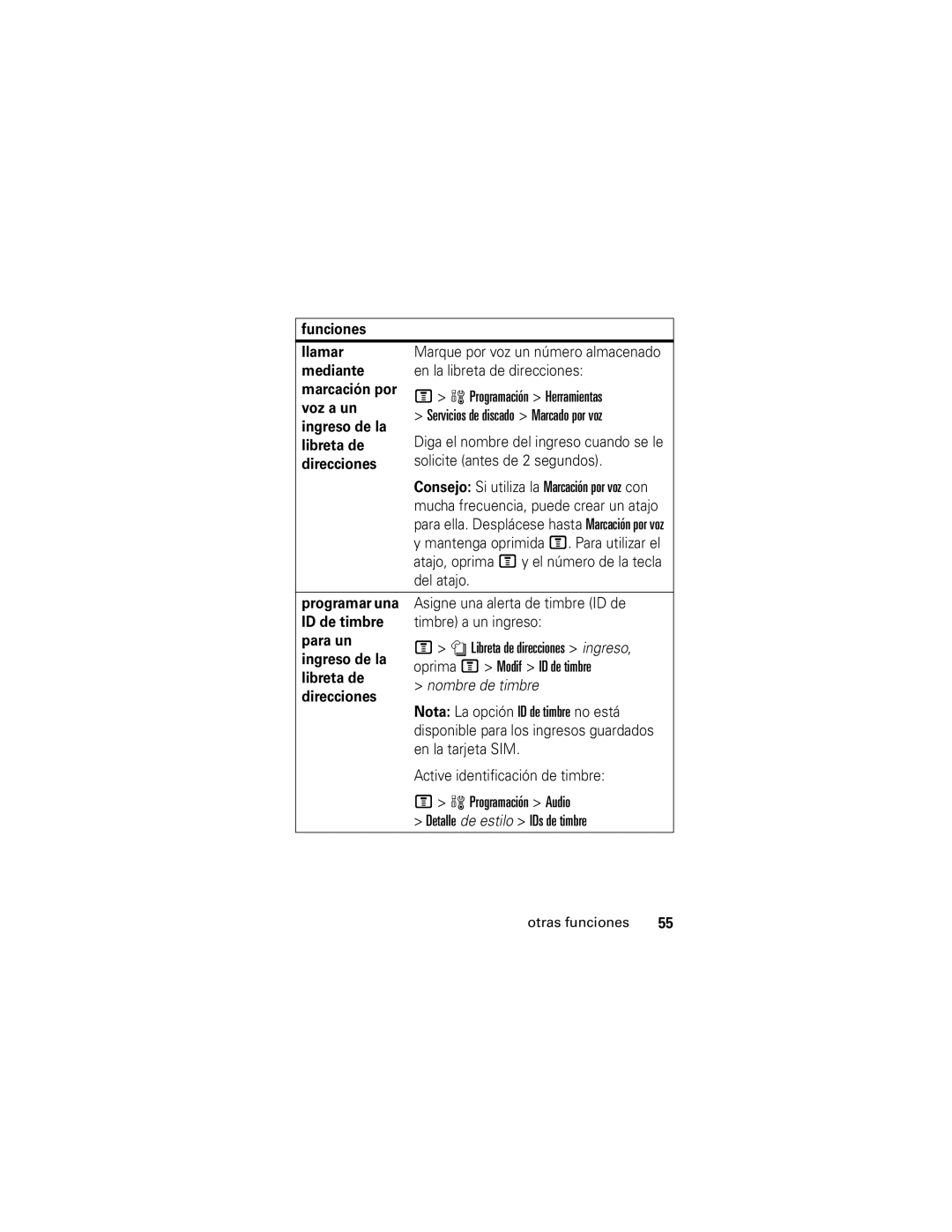 Motorola V190 manual Funciones Llamar, Mediante, Marcación por, Voz a un, Programar una, ID de timbre 