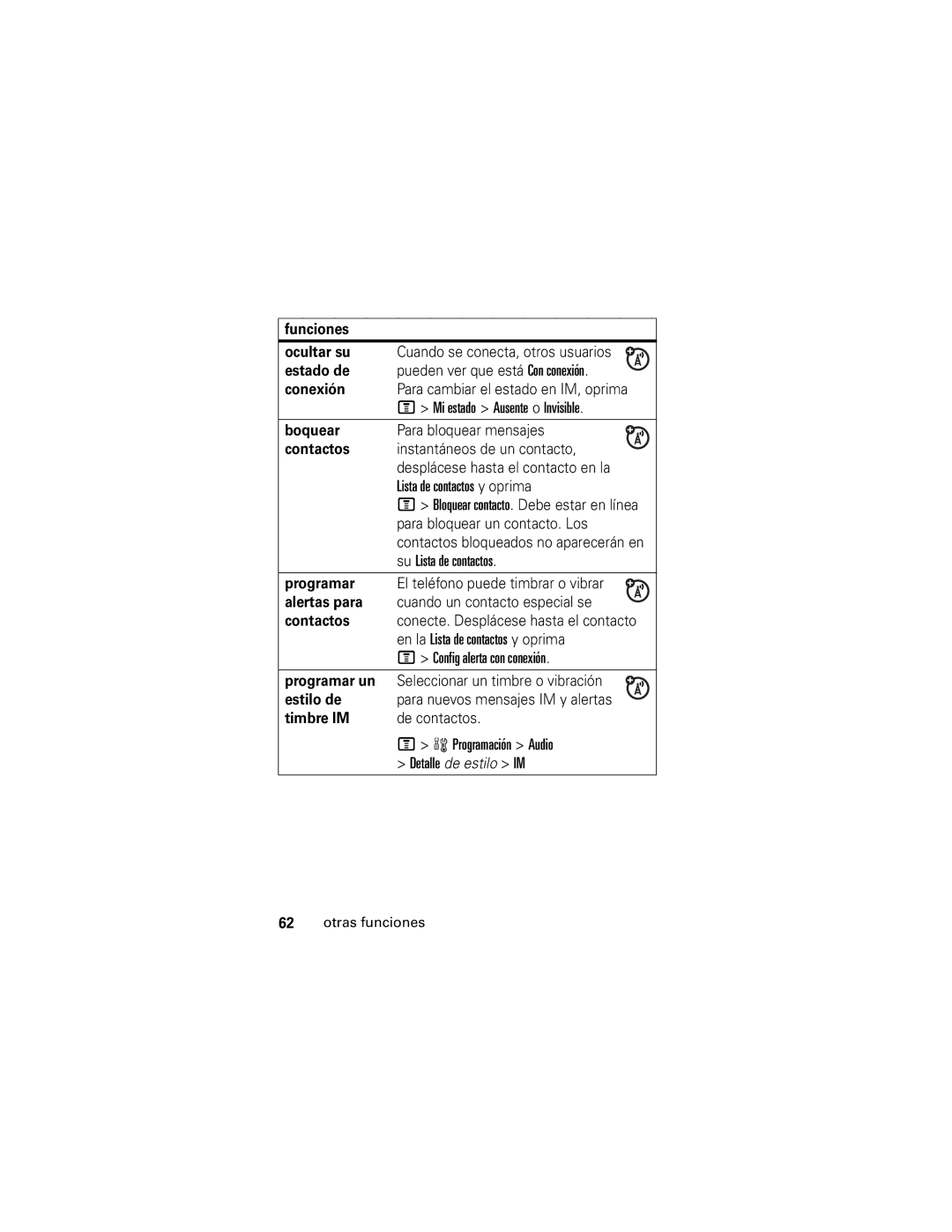 Motorola V190 manual Funciones Ocultar su, Estado de, Conexión, Boquear, Programar, Alertas para, Estilo de, Timbre IM 